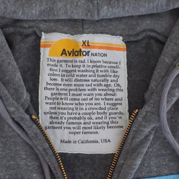 Aviator Nation Grey Cotton Zip Hoodie Blue Stripe Sporty Retro Nostalgic XL - Picture 6 of 12